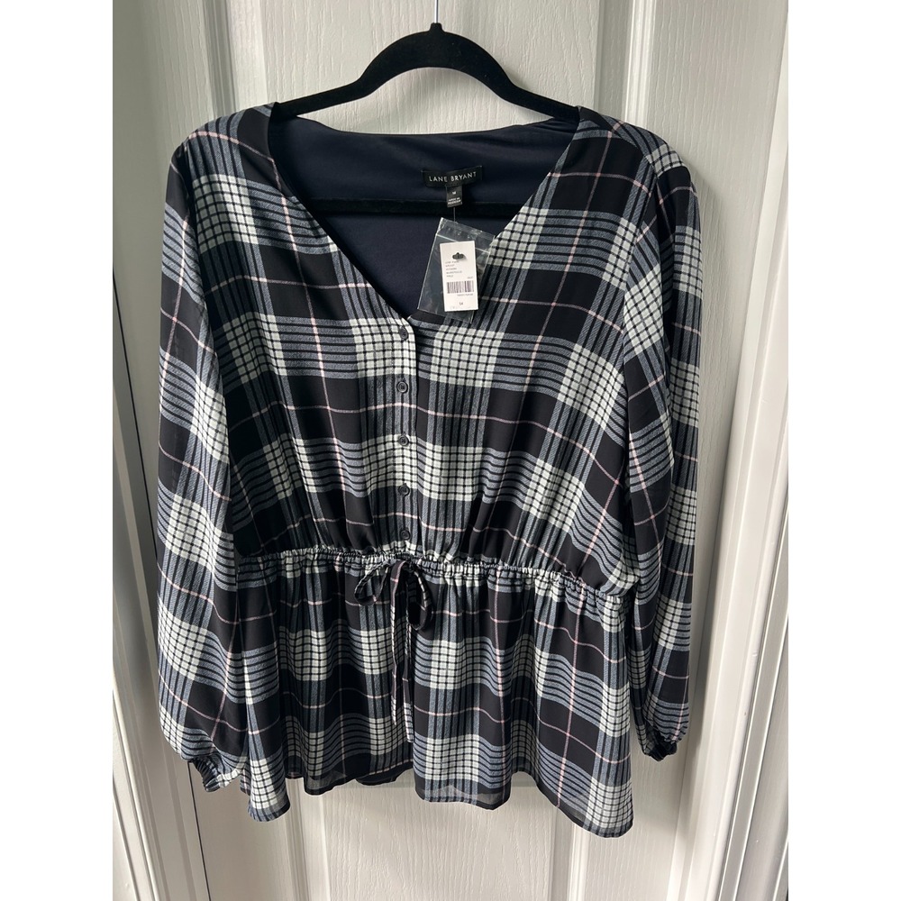 Lane Bryant Womens Tunic Top Tie Waist Black Gray Pink Plaid V Neck Size 14 NEW